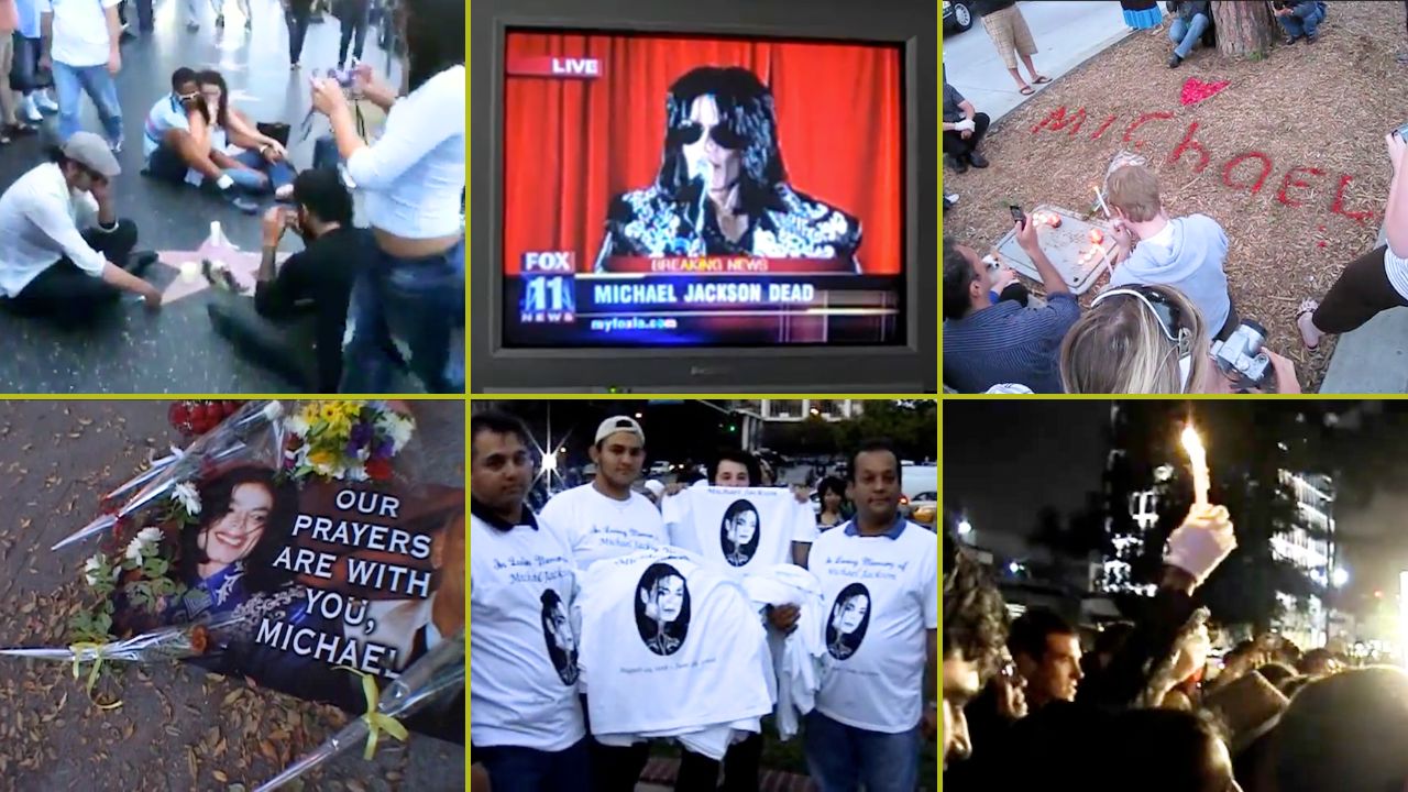 collage of coverage & vigils for Michael Jackson